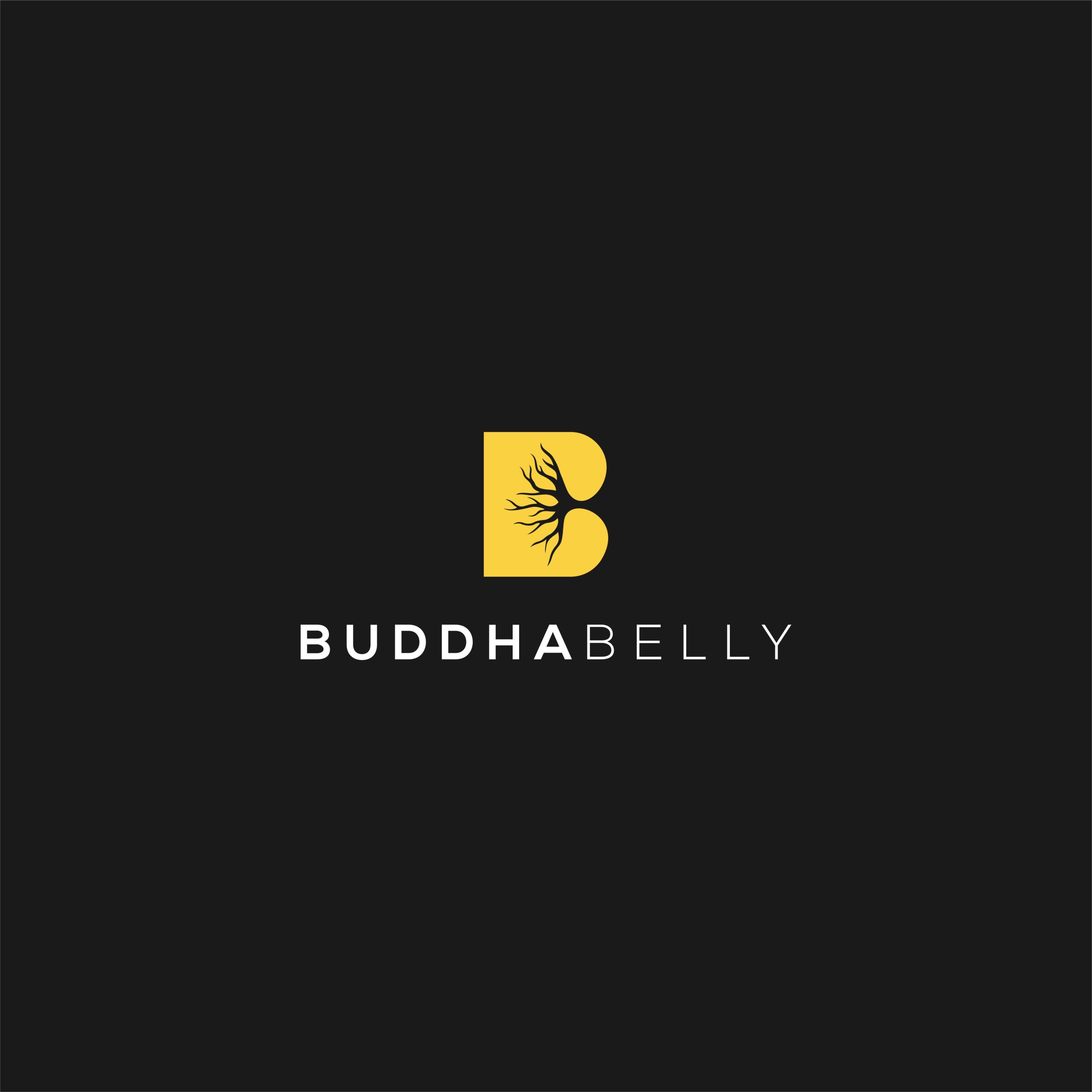 Buddha belly logo on a black background.